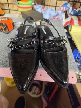 AT-1 No Boundaries Black Pointed Slingback Flats with Studded Straps